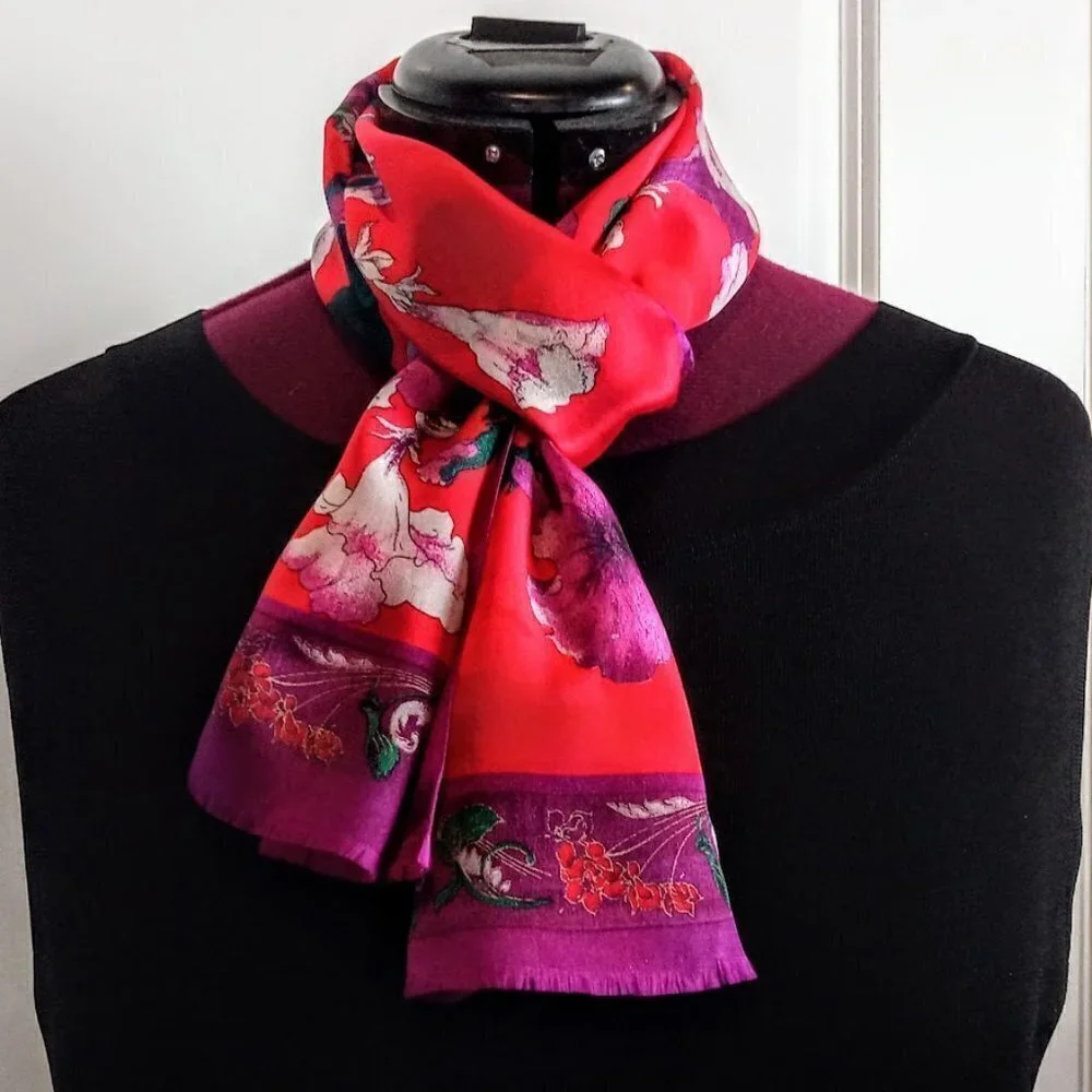 Vintage Magenta Red Green Floral Silk Fringed Oblong Scarf